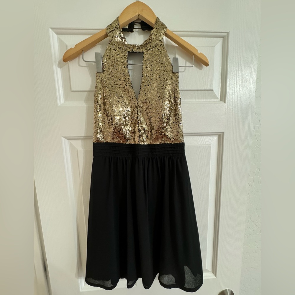 Gold sequin halter dress
